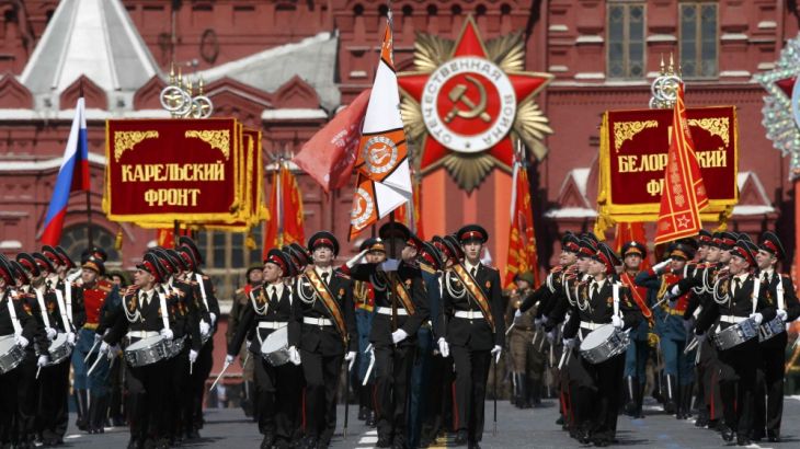 Russian servicemen and cadets march during the Victory Day