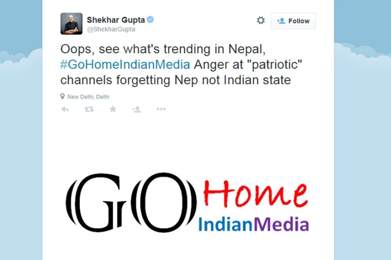 Tweet by Shekhar Gupta on #GoHomeIndianMedia