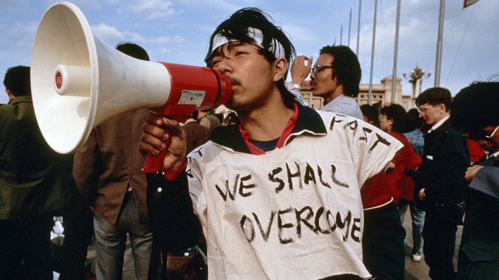 Thousands of students stage demonstrations in Beijing's Tiananmen Square against the Chinese government's hardline policies against democratic reform and freedom of speech [Corbis]