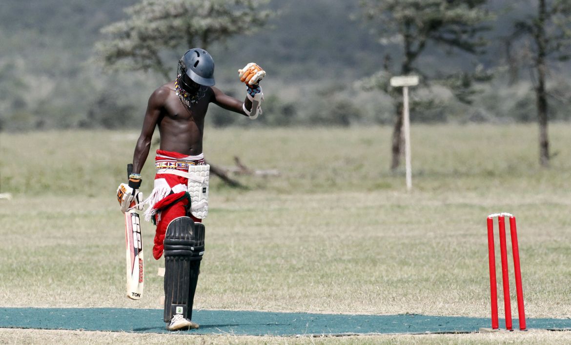 Captain of the Maasai Cricket Warriors reacts after being bowled out