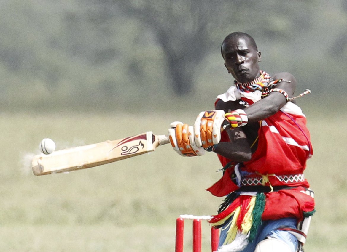 Leimado of the Maasai Cricket Warriors plays against the British Army Training Unit cricket team