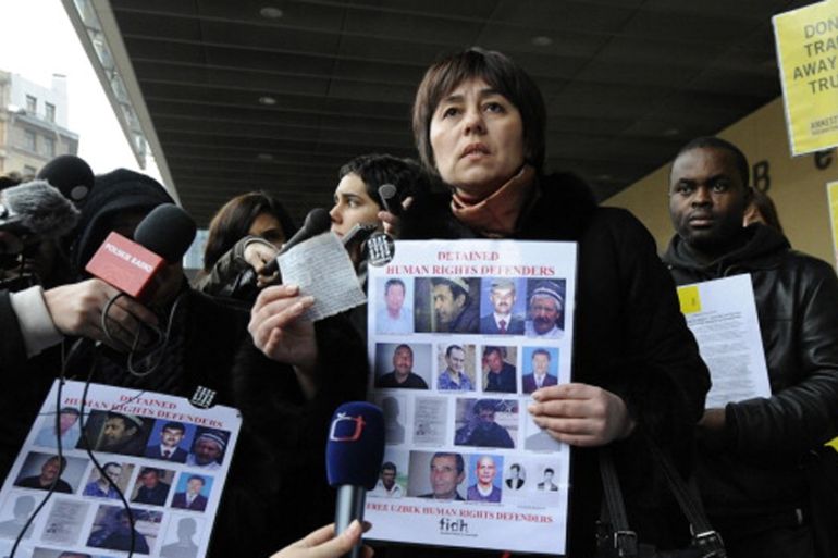Uzbek human-rights activists during a rally in favour of detained Uzbek human-rights defenders in front of the European Commission building in Brussels in 2011 [AFP]
