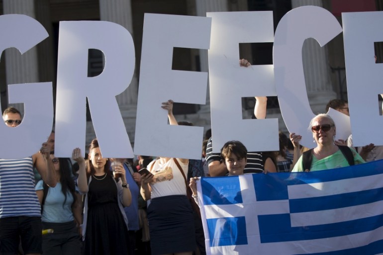 Demonstrators in London gather to protest against the European Central Bank''s handling of Greece''s debt repayments