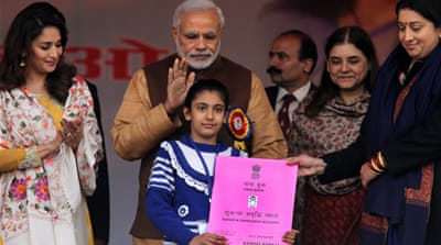 Prime Minister Narendra Modi's Beti Bachao Beti Padhao campaign addresses the issue of declining Child Sex Ratio through a mass campaign across the country targeted at changing societal mindsets and creating awareness [Ravi Kumar/Hindustan Times via Getty Images]
