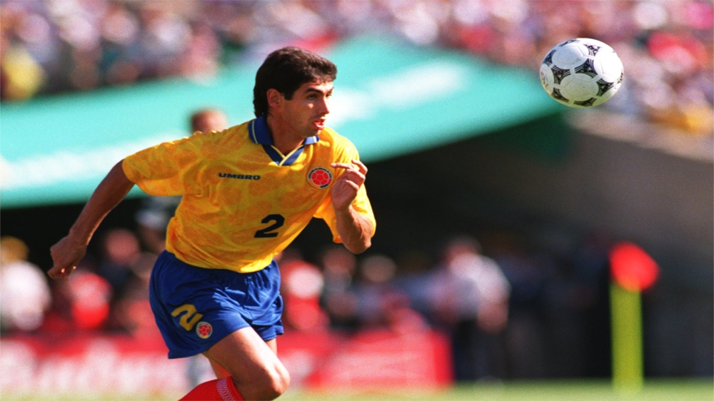 Andres Escobar of Colombia tries to control the ball during his side's 2-1 loss to the USA in a 1994 World Cup match at the Rose Bowl in Pasadena [Allsport]