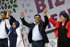 Selahattin Demirtas, co-chairman of the Pro-Kurdish Peoples'' Democratic Party (HDP), cheers with his party''s members during a gathering to celebrate the party''s victory in Istanbul [REUTERS]