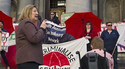 Steph Key from the Labor party addresses a crowd at a rally for the decriminalisation of sex work [Royce Kurmelovs/Al Jazeera]