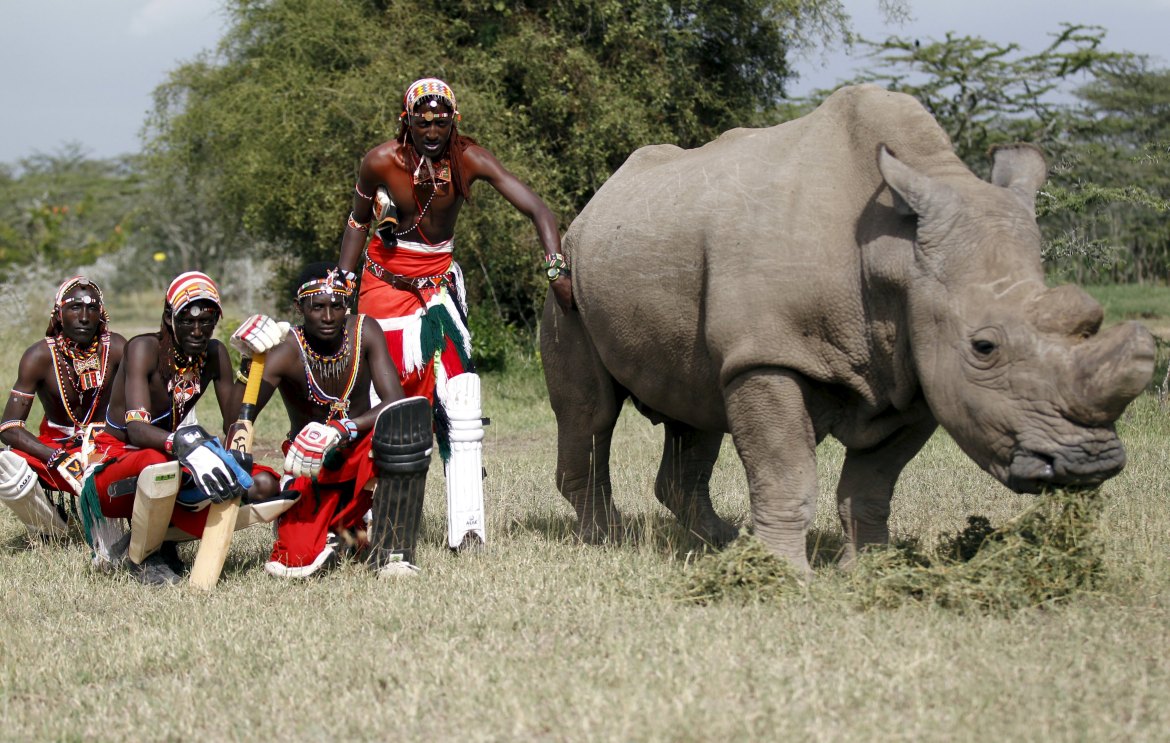 Members of the Maasai Cricket Warriors pose for a photo with the last surviving male northern white rhino