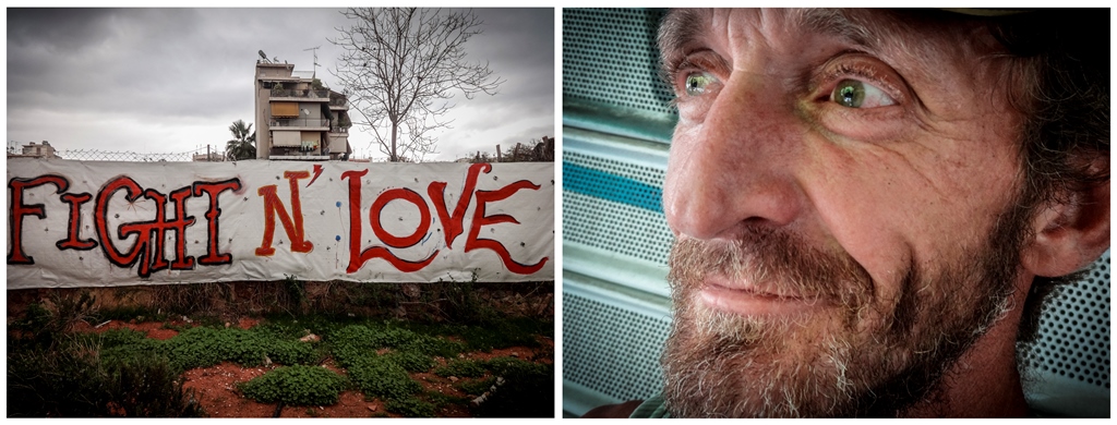 On the left: graffiti urges people to 'Fight n Love'. Of the image on the right, the photographer, fellow homeless person Matina Pashali, says: 