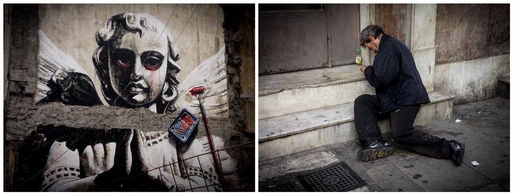 On the left: graffiti of the 'praying angel'. Of the image on the right, the photographer, Matina Pashali, says: 