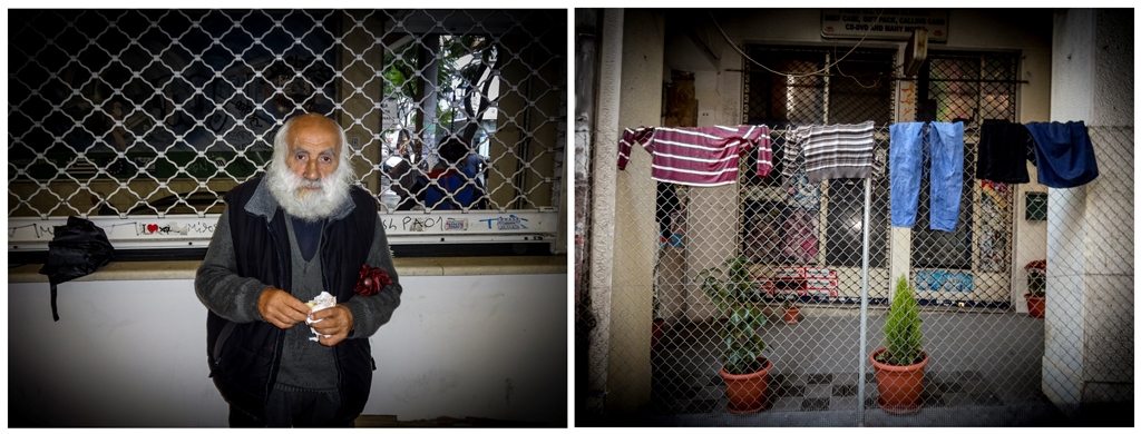 On the left: a homeless man living outside the Monastiraki subway station. On the right: clothes left to dry in the makeshift home of a homeless man. Athens, Greece [Matina Pashali]