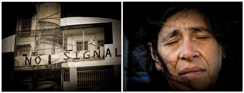 On the left: graffiti reads 'No Signal'. Of the image on the right, the photographer, Matina Pashali, says: 