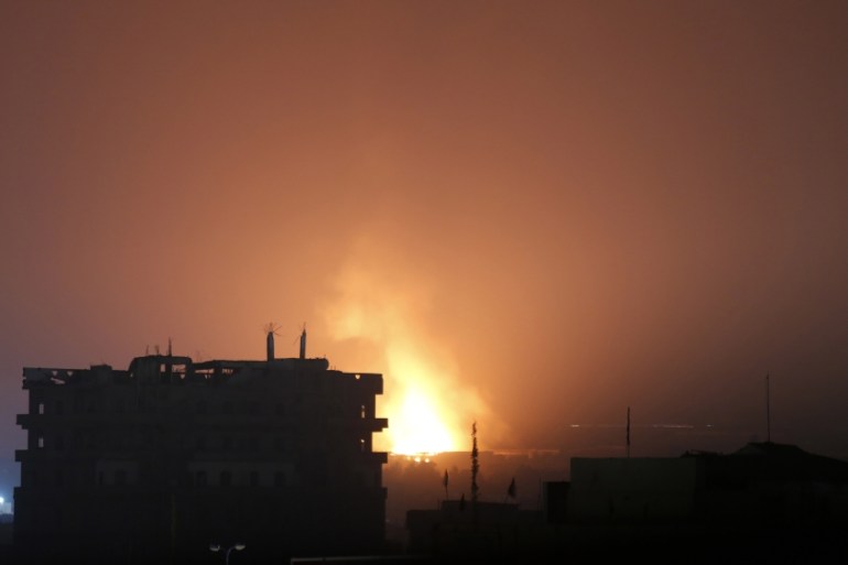 Fire and smoke rises after a Saudi airstrike in Sanaa, Yemen,
