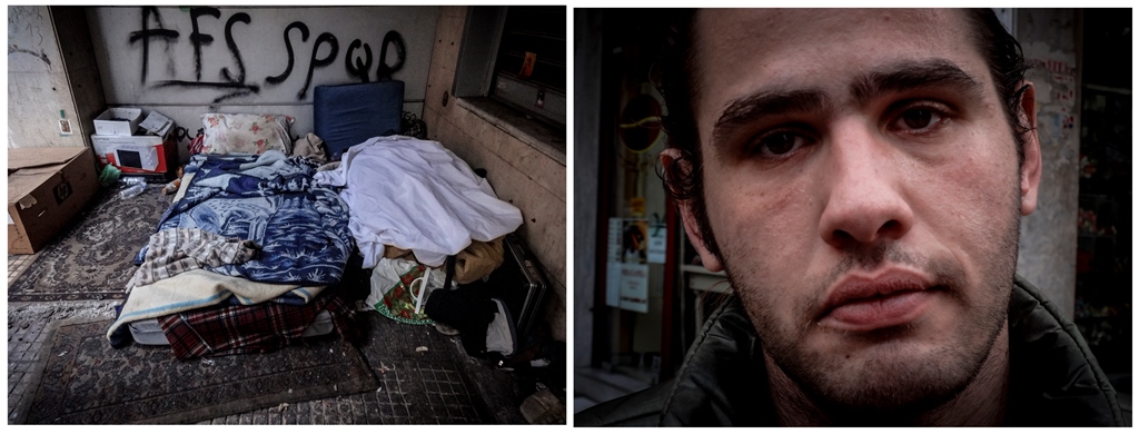 On the right: a homeless man. On the left: the place where he sleeps. Athens, Greece [Matina Pashali]