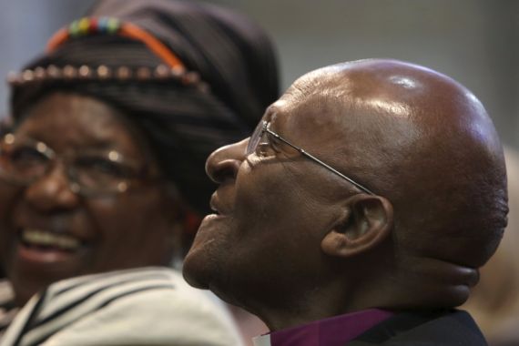 Archbishop Desmond Tutu and his wife Leah share a moment shortly before renewing their vows as they celebrate their 60th wedding anniversary in Cape Town