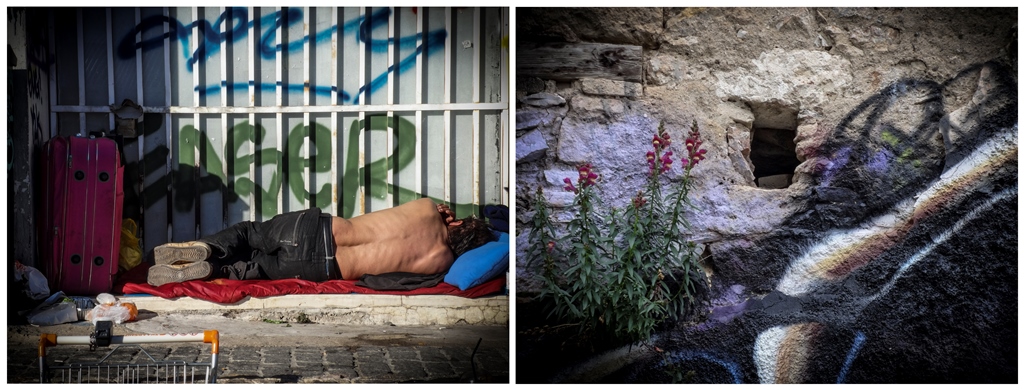 On the left: a homeless man sleeping. On the right: some graffiti. Athens, Greece [Matina Pashali]