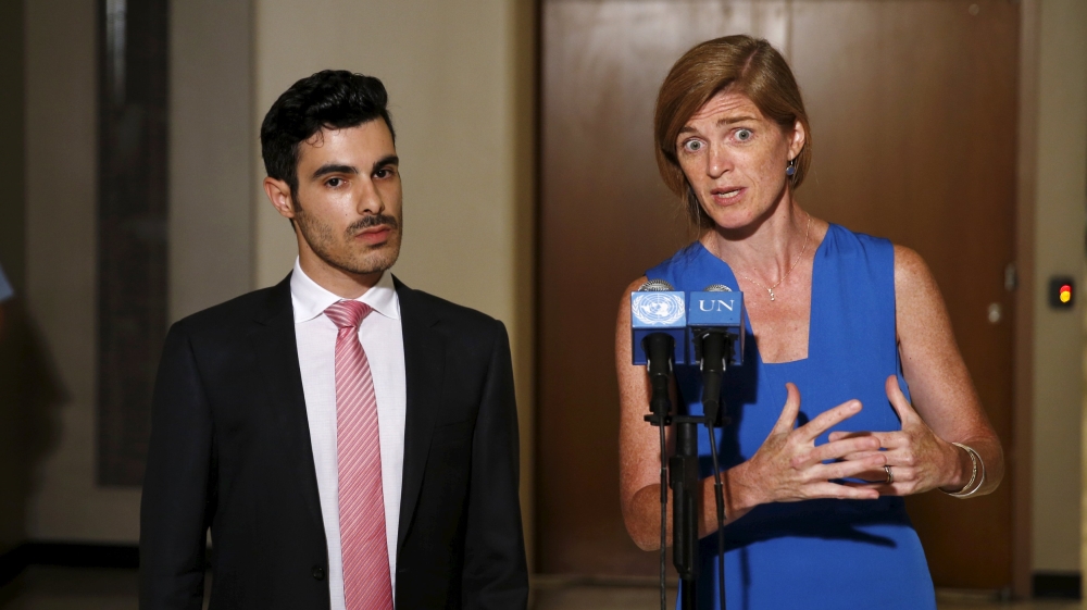 Subhi Nahas and Samantha Power at the historic address to the UN Security Council on the persecution of LGBT people by ISIL [Reuters]