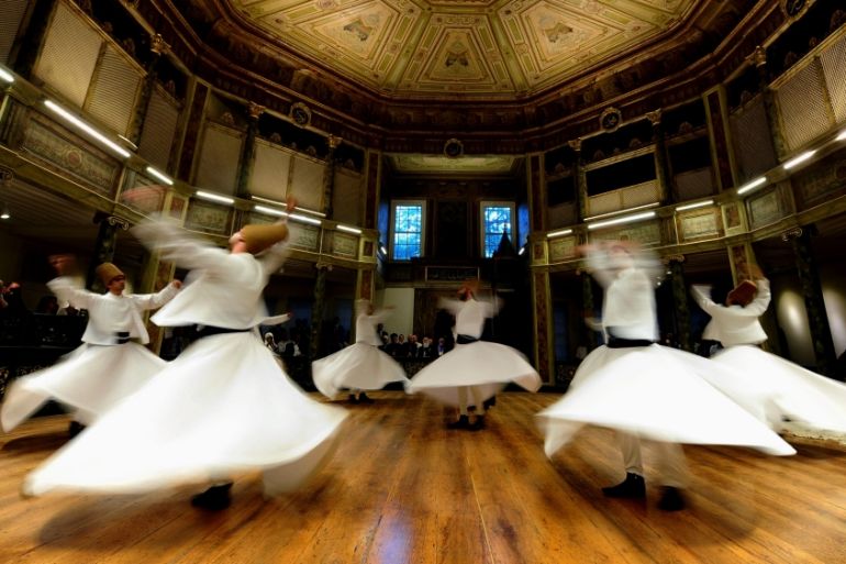 Whirling dervishes perform at the Galata Whirling Dervish Hall, founded in 1491 by Ottomans, in Istanbul, Turkey, during the holy month of Ramadan [AP]