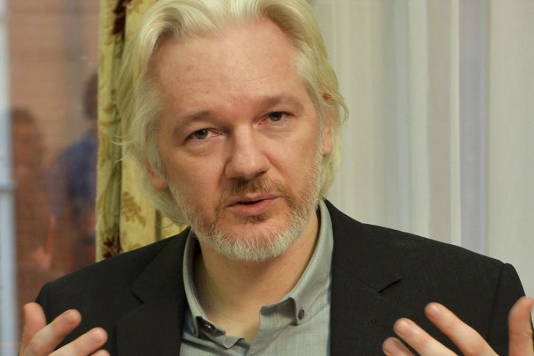 File photo of WikiLeaks founder Julian Assange gesturing during a news conference at the Ecuadorian embassy in central London