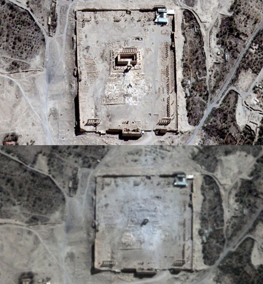 
UNITAR-UNOSAT imagery shows the Temple of Bel seen on August 27 (above) and rubble seen at the temple's location on August 31 (below) [AFP]
