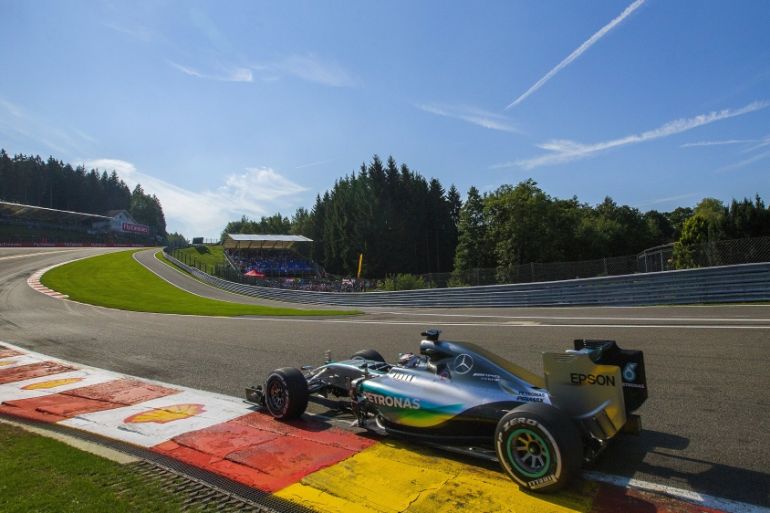 Mercedes Formula One driver Hamilton of Britain takes a curve during a free practice session ahead of the weekend''s Belgian F1 Grand Prix in Spa-Francorchamps