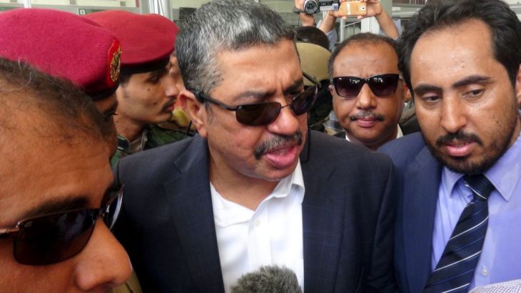 Yemen''s Vice President Khaled Bahah talks to reporters upon his arrival at Aden airport