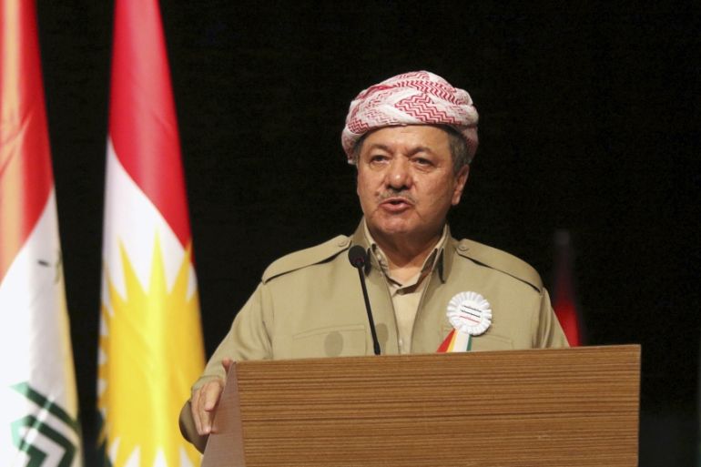 Iraqi Kurdish regional President Massoud Barzani speaks during a ceremony in Dohuk