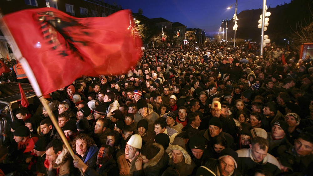 Kosovo's Albanians celebrate in the centre of Pristina February 17, 2008 [Reuters]