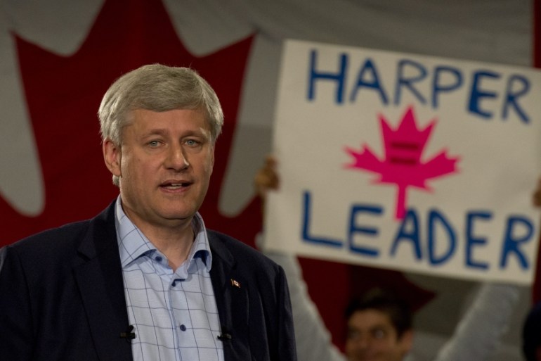 Conservative leader Stephen Harper delivers his campaign speech during a campaign stop in Mississauga, Ontario, Canada [AP]