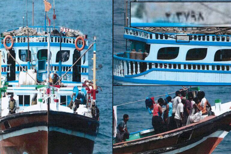 Combination photo, made by the Media Office Of Saudi-led Coalition In Yemen, shows an Iranian boat that was said to be carrying weapons, after it was seized by Saudi-led coalition forces