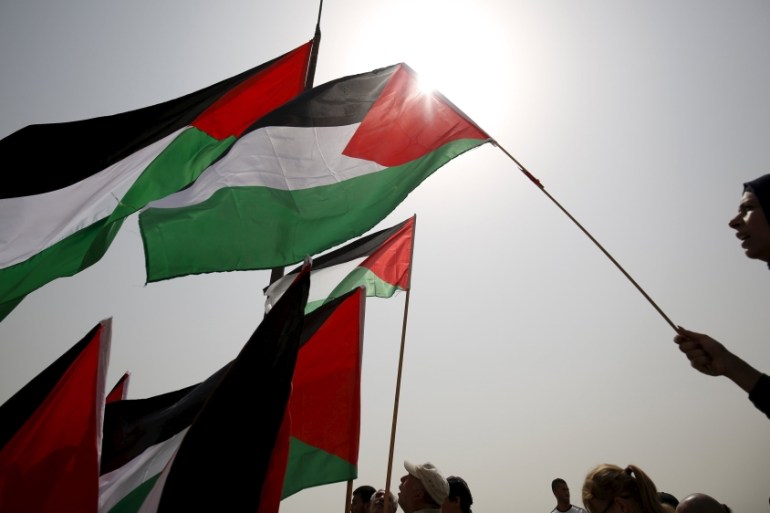 Demonstrators hold Palestinian flags