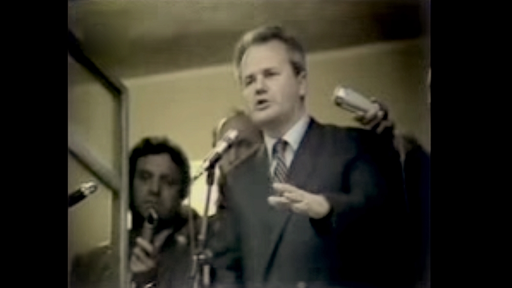 Slobodan Milosevic delivers his speech at the Cultural Centre in 1987 