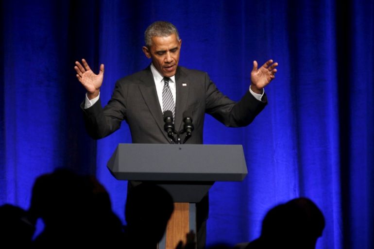 U.S. President Barack Obama speaks at a Democratic National Committee LGBT Gala at Gotham Hall in New York
