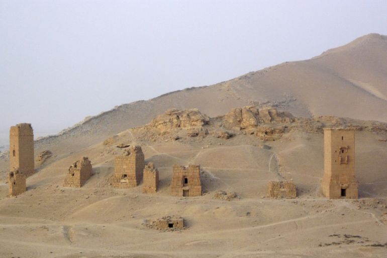 A view shows tower tombs in the Valley of Tombs, west of the historical city of Palmyra