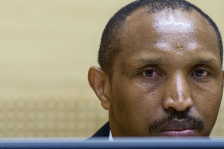 Congolese militia leader Ntaganda sits in the courtroom of the ICC during the first day of his trial at the Hague in the Netherlands