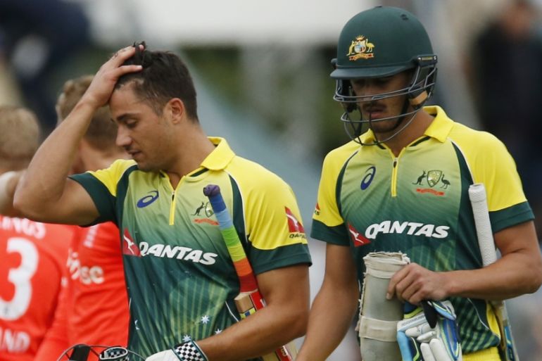 Australia''s Marcus Stoinis and Mitchell Starc look dejected at the end of the match