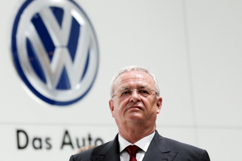 File picture shows Volkswagen Chief Executive Winterkorn standing at the Volkswagen booth at the world''s largest industrial technology fair, the Hannover Messe