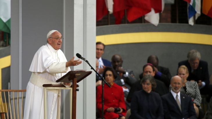 Pope Francis speaks front of Independence Hall on the theme "We Hold These Truths," a quote from the U.S. Declaration of Independence, in Philadelphia