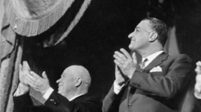 Soviet leader Nikita Khrushchev and Gamal Abdul Nasser attending Bolshoi Ballet performance [Getty]