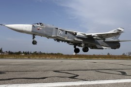 Russia''s Defence Ministry handout photo shows a Sukhoi Su-24 fighter jet taking off from the Hmeymim air base near Latakia, Syria
