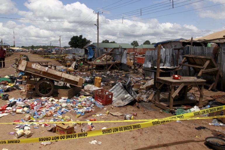 A view of the damage at the scene of a bomb blast at Kuje market in Abuja