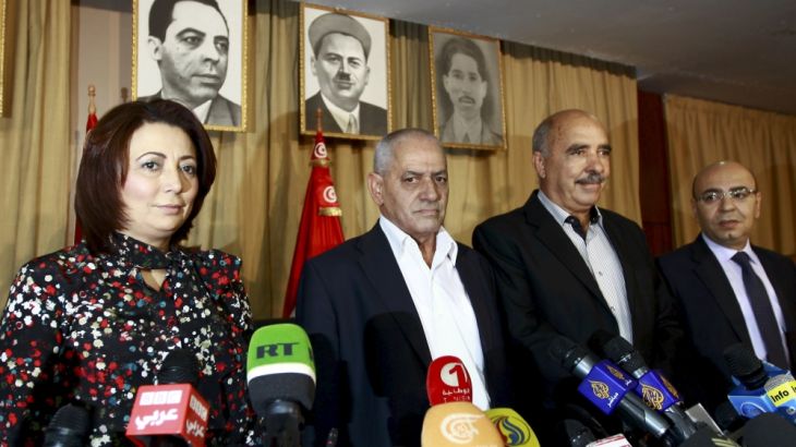File photo of Tunisia''s National Dialogue Quartet leaders before a news conference in Tunis