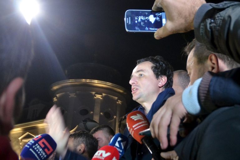 Prominent opposition politician Albin Kurti speaks to his followers and to the media after his release in capital Prishtina