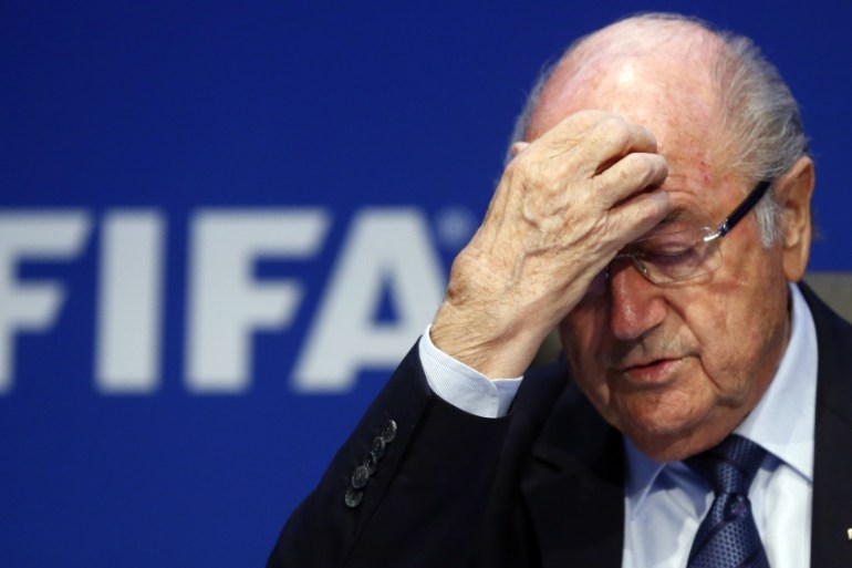 File photo of re-elected FIFA President Blatter gesturing during a news conference after an extraordinary Executive Committee meeting in Zurich