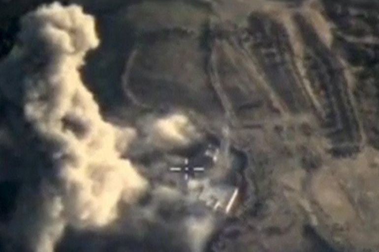 Frame grab taken from Russia''s Defence Ministry footage shows explosion after airstrikes carried out by Russian air force in Idlib province, Syria