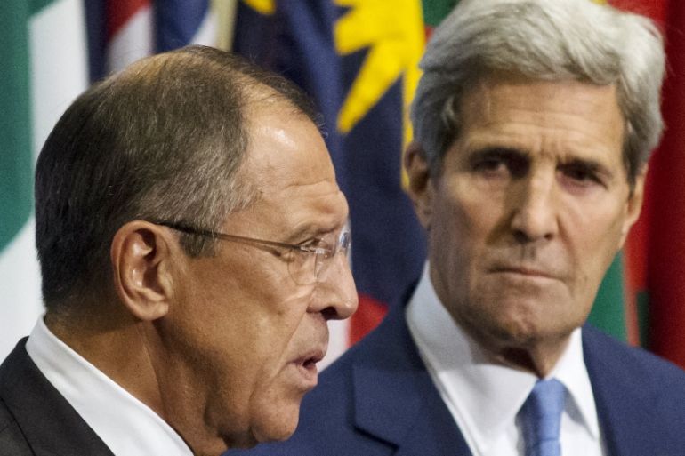 Foreign Minister of Russia Sergey Lavrov and U.S. Secretary of State John Kerry speak to media regarding the current situation in Syria at the United Nations in Manhattan, New York
