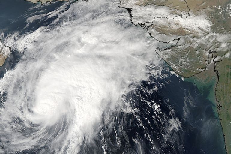 Tropical Cyclone Nilofar moves through the Arabian Sea toward a landfall in northwestern India in this NASA Aqua satellite image