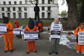 Supporters of Shaker Aamer, the last British prisoner at Guantanamo Bay, demonstrate outside Downing street in central London