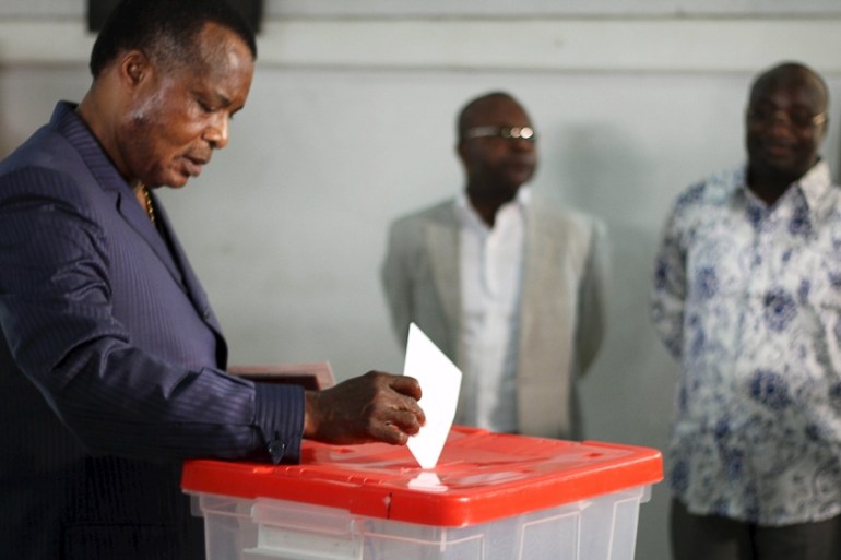 Republic of Congo President Denis Sassou-Nguesso votes at a polling station in Brazzaville