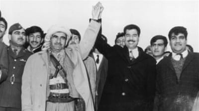 Saddam Hussein visits Erbil to meet with Mullah Mustafa Barzani on March 20, 1970 [Getty]